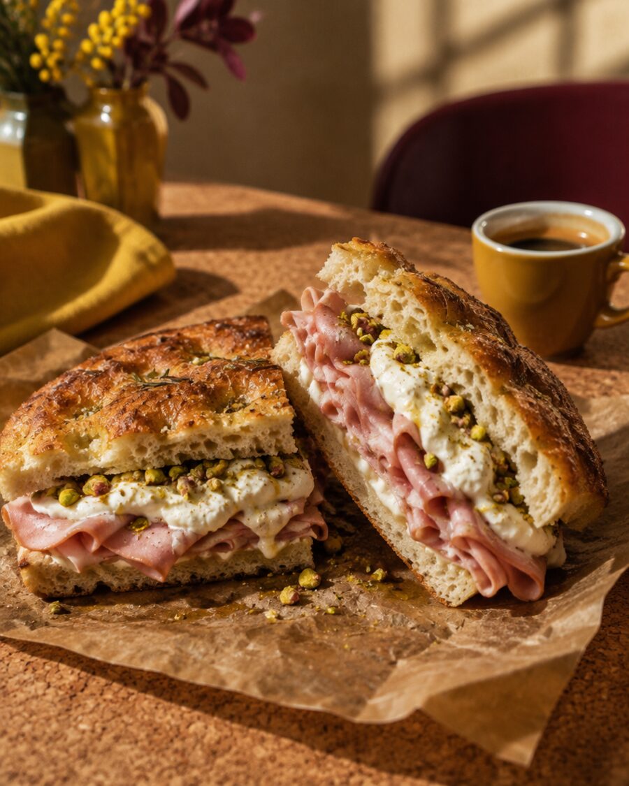Focaccia sandwich with mortadella, burrata and pistachio