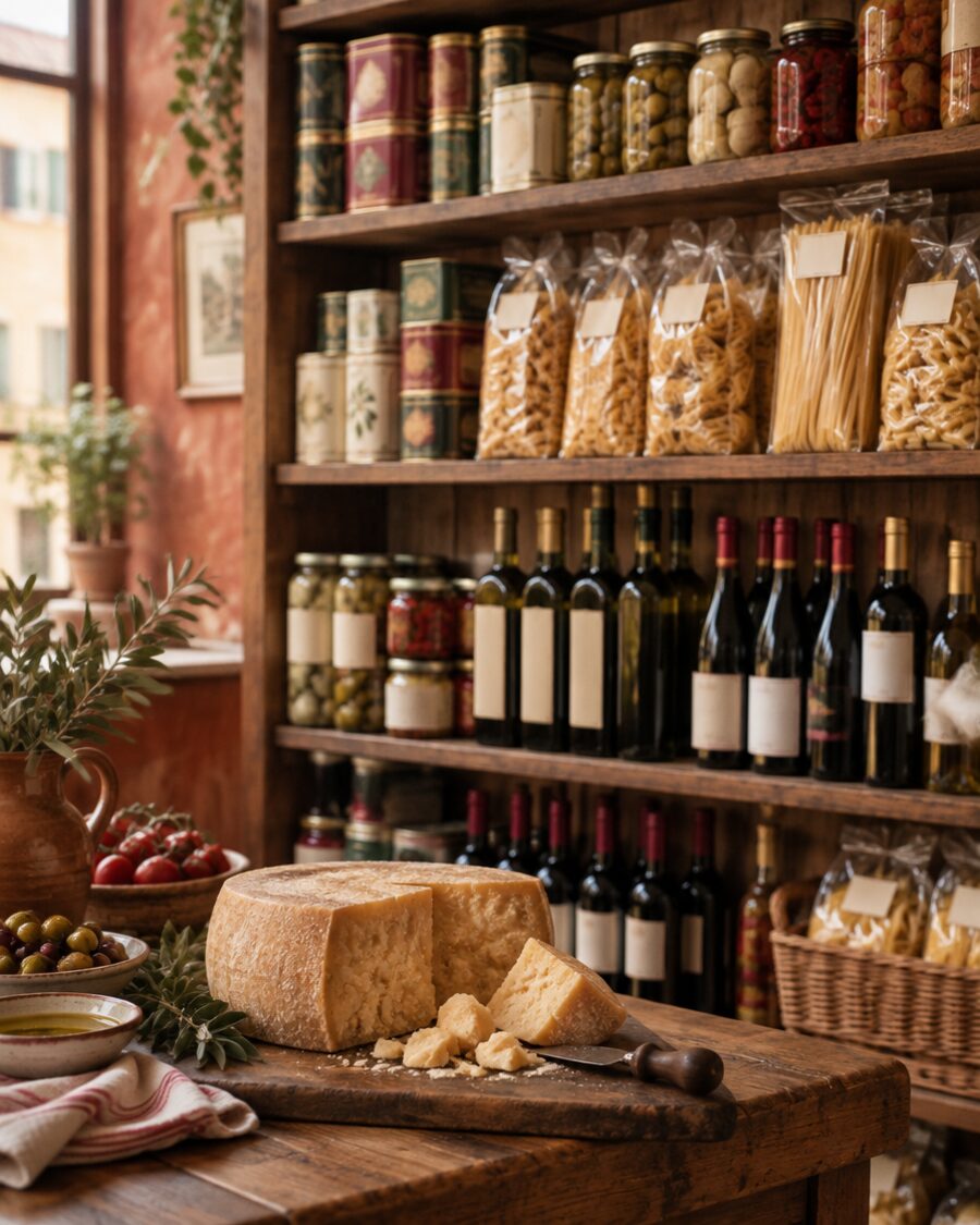 Shelves of imported pantry goods and wine with a wheel of parmesan